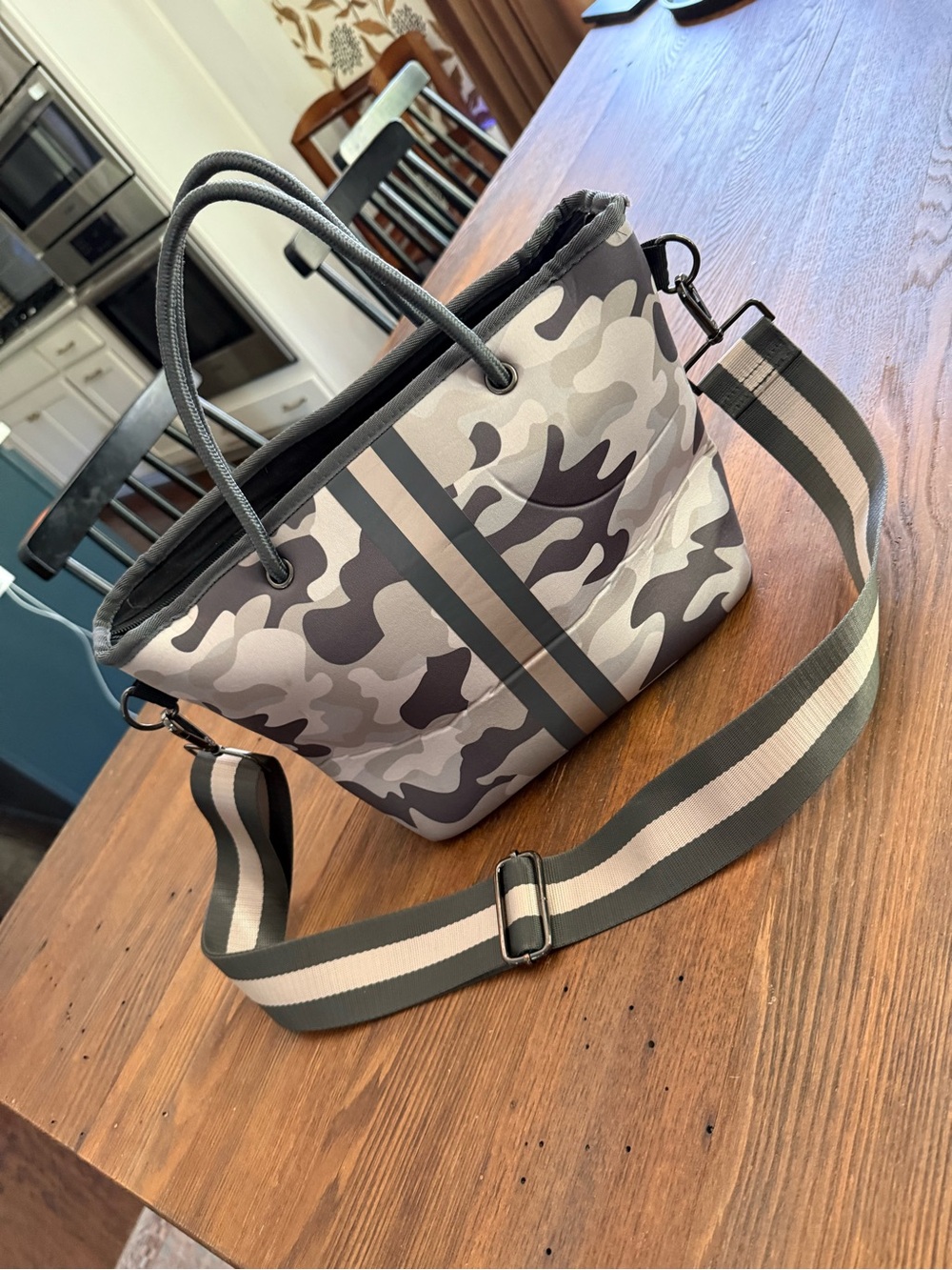 HAUTE SHORE Gray Camo Crossbody Tote with Striped Strap